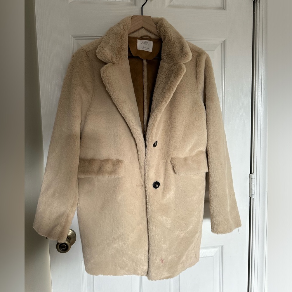 Zara cream faux fur suede lined coat size 13-14 164 cm